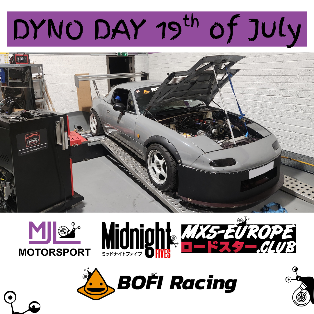 Mazda mx-5 mk1 on the dyno - rolling road. It has its bonnet open, massive wing on the back, wide arches and wheels. Bofi Racing, Midnight fives and MX-5 Europe logos underneath.