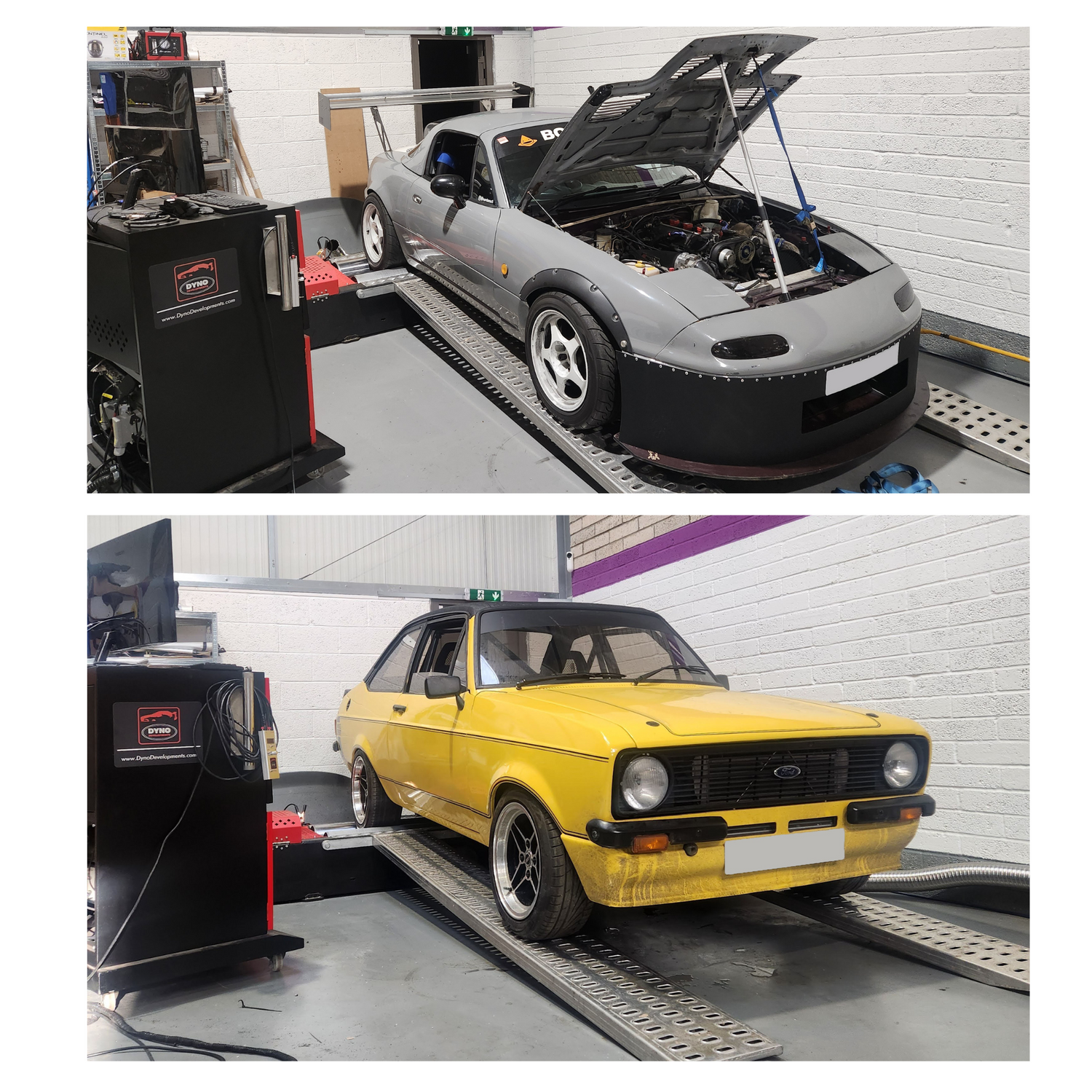 Dyno ECU Calibration and Engine Tuning. Top picture showing Mazda mx-5 mk1 on the rolling road, with its open bonnet, big wing on the back, wide wheels and arches. Bottom picture showing bright yellow ford escort on the dyno.