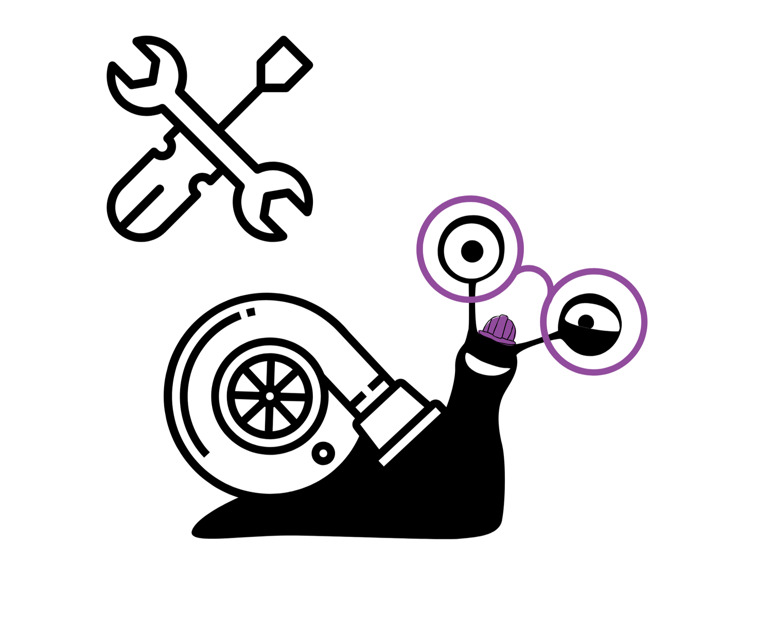 Turbo snail wearing glasses and a little helmet ready to do a maintenance and servicing on the vehicle. There is a tool sign just above the snail.