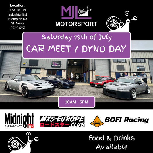 Poster for a car meet / dyno day at MJL motorsport. 2 Mazda mx-5s, Toyota mr2 and Honda CRX parked in front of the MJL Motorsport unit. 
Garage door is open and exocet kit car is visible lifted on the ramp. Midnight fives, mx-5 euope and bofi racing logos underneath the picture.